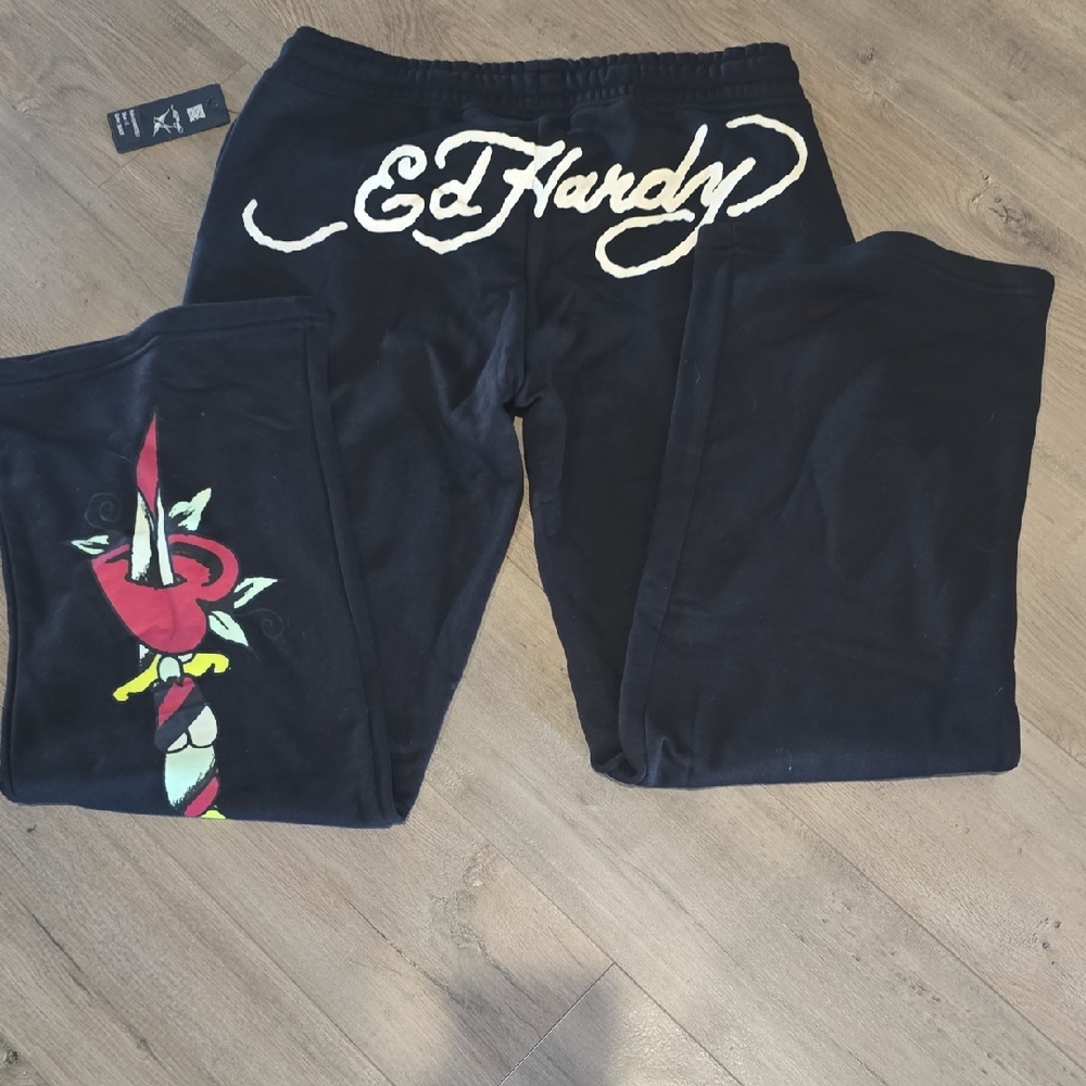 Ed Hardy Dagger Heart Black Sweatpants Girl Womens Juniors.